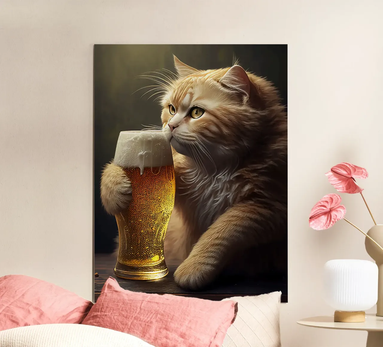 gatto birra bicchiere schiuma arancione pelliccia baffi poster con telaio in alluminio da Hannah Meyer