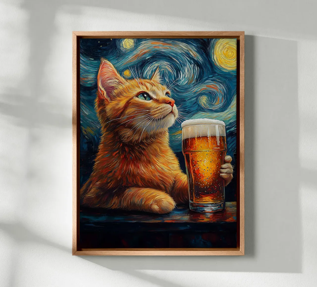 gatto birra bicchiere notte stellata stelle bere tela con Cornice a cassetta da Hannah Meyer