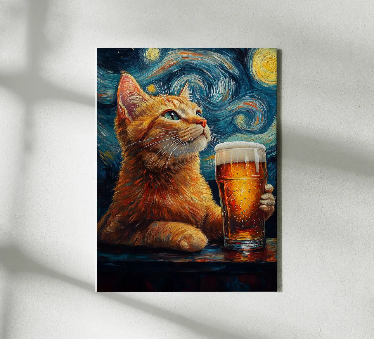 gatto birra bicchiere notte stellata stelle bere tela con Cornice a cassetta da Hannah Meyer