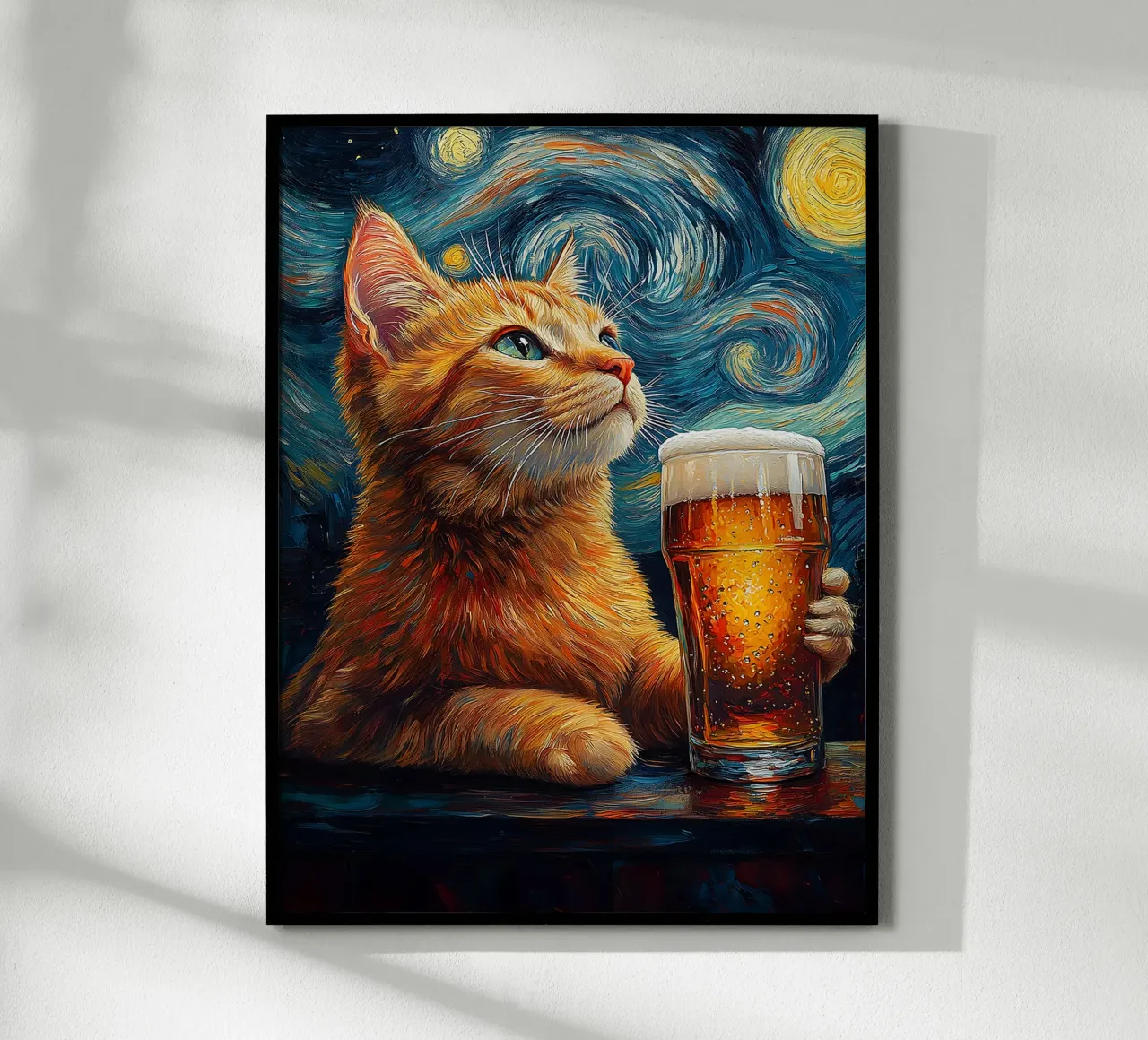 gatto birra bicchiere notte stellata stelle bere poster da Hannah Meyer