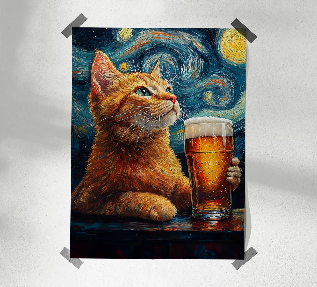 gatto birra bicchiere notte stellata stelle bere poster da Hannah Meyer