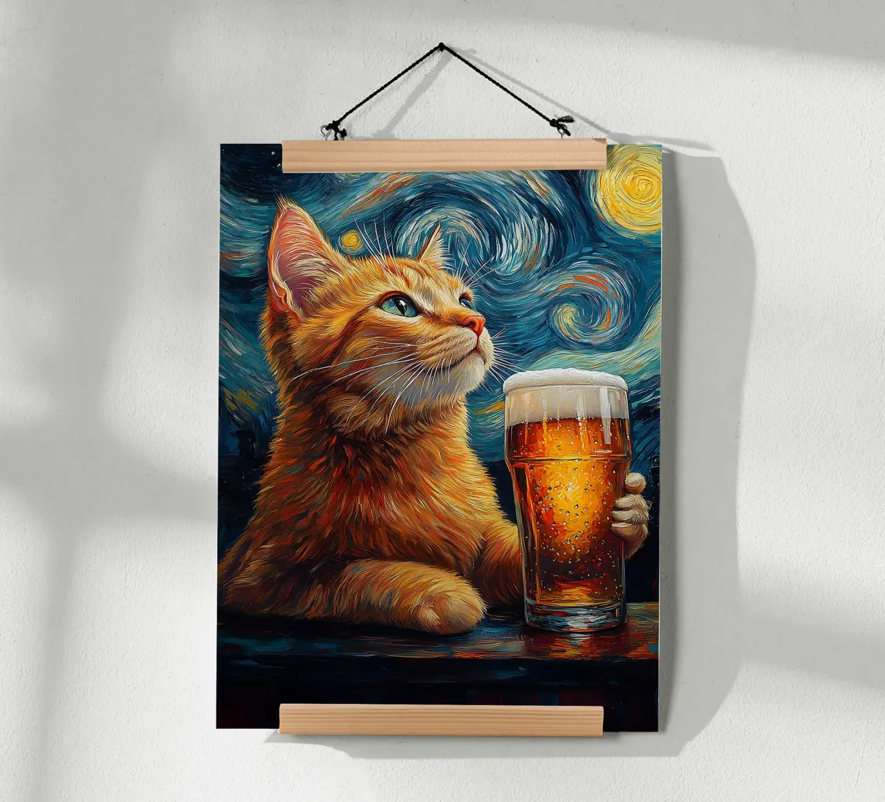 gatto birra bicchiere notte stellata stelle bere poster da Hannah Meyer