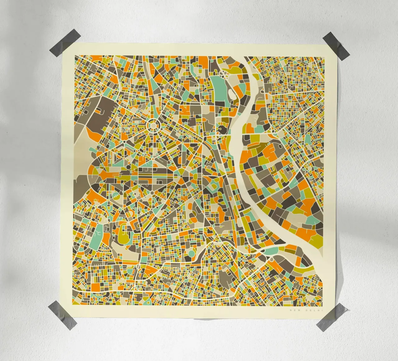 Mappa di Nuova Delhi poster con telaio in alluminio da Jazzberry Blue