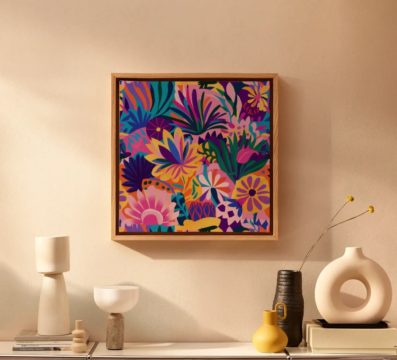 Psychedelic Jungle Bloom canvas with Floater frame by Bruce Juice