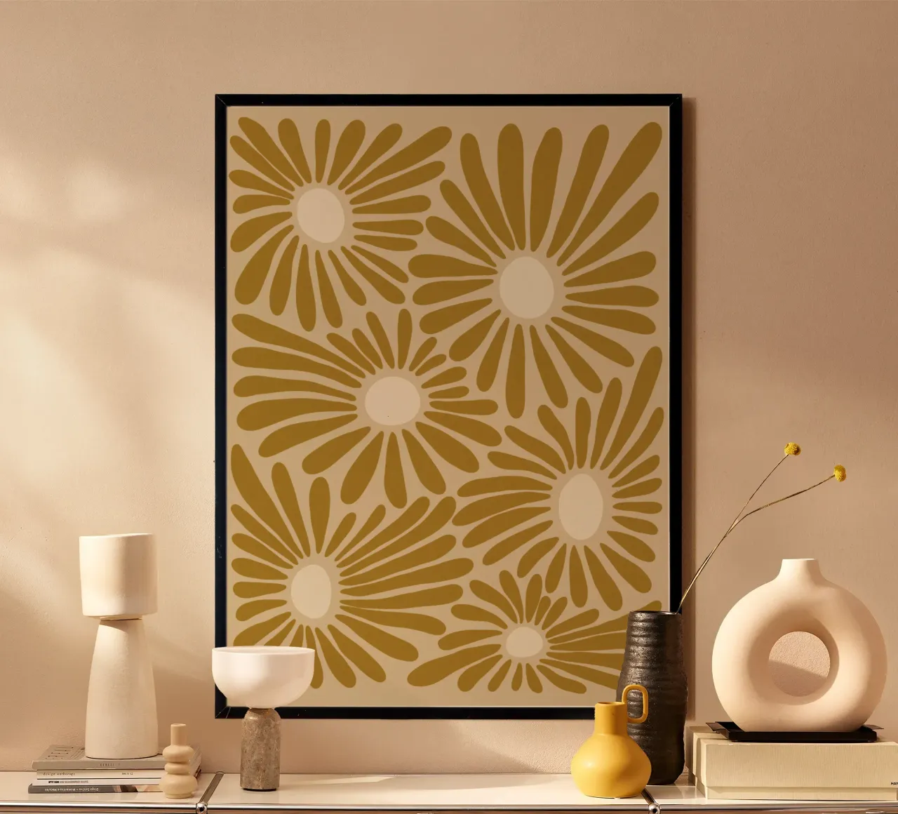 Abstract yellowish retro flowers poster con telaio in plastica da TijanaArtStudio88