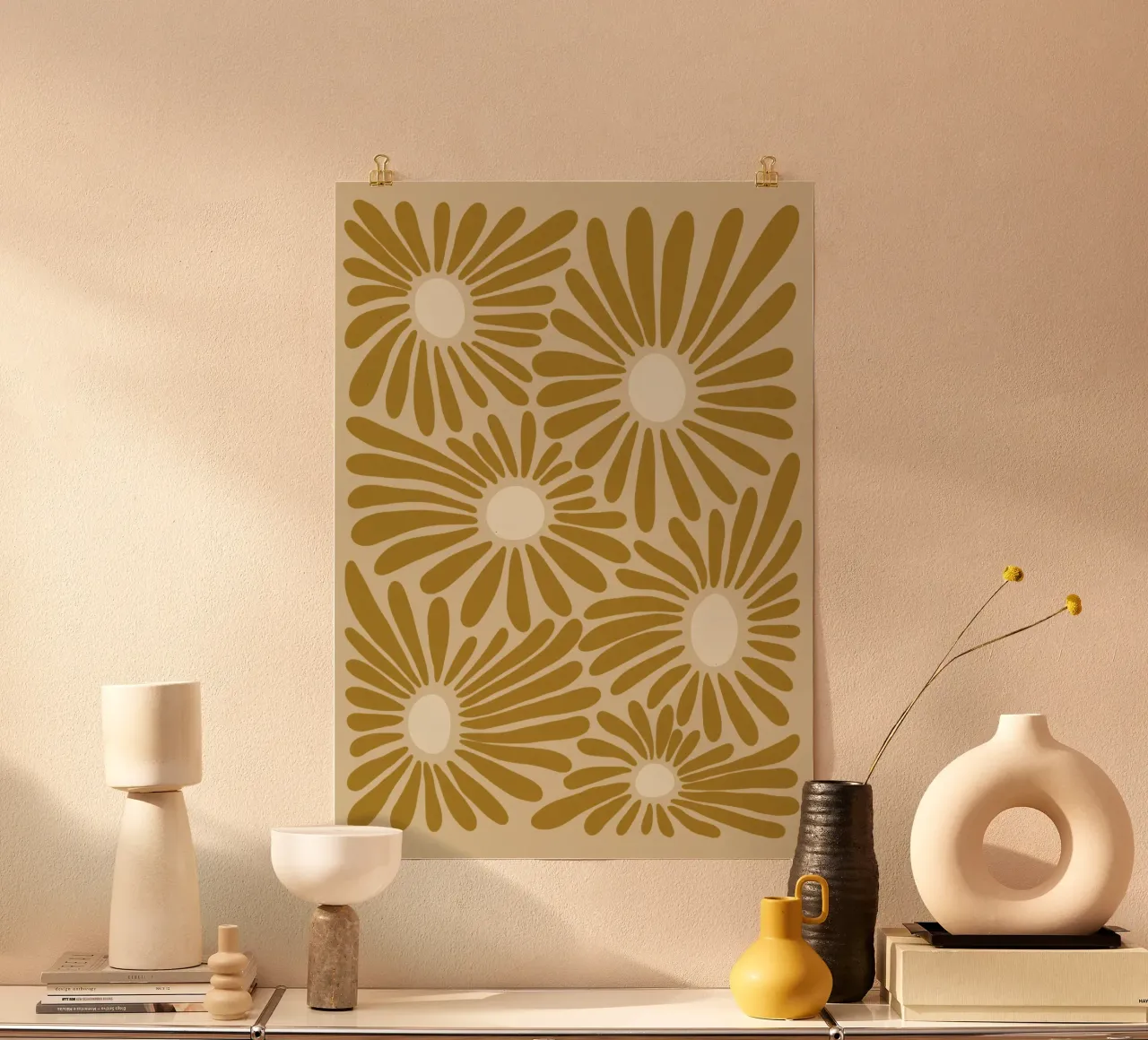 Abstract yellowish retro flowers poster con telaio in plastica da TijanaArtStudio88