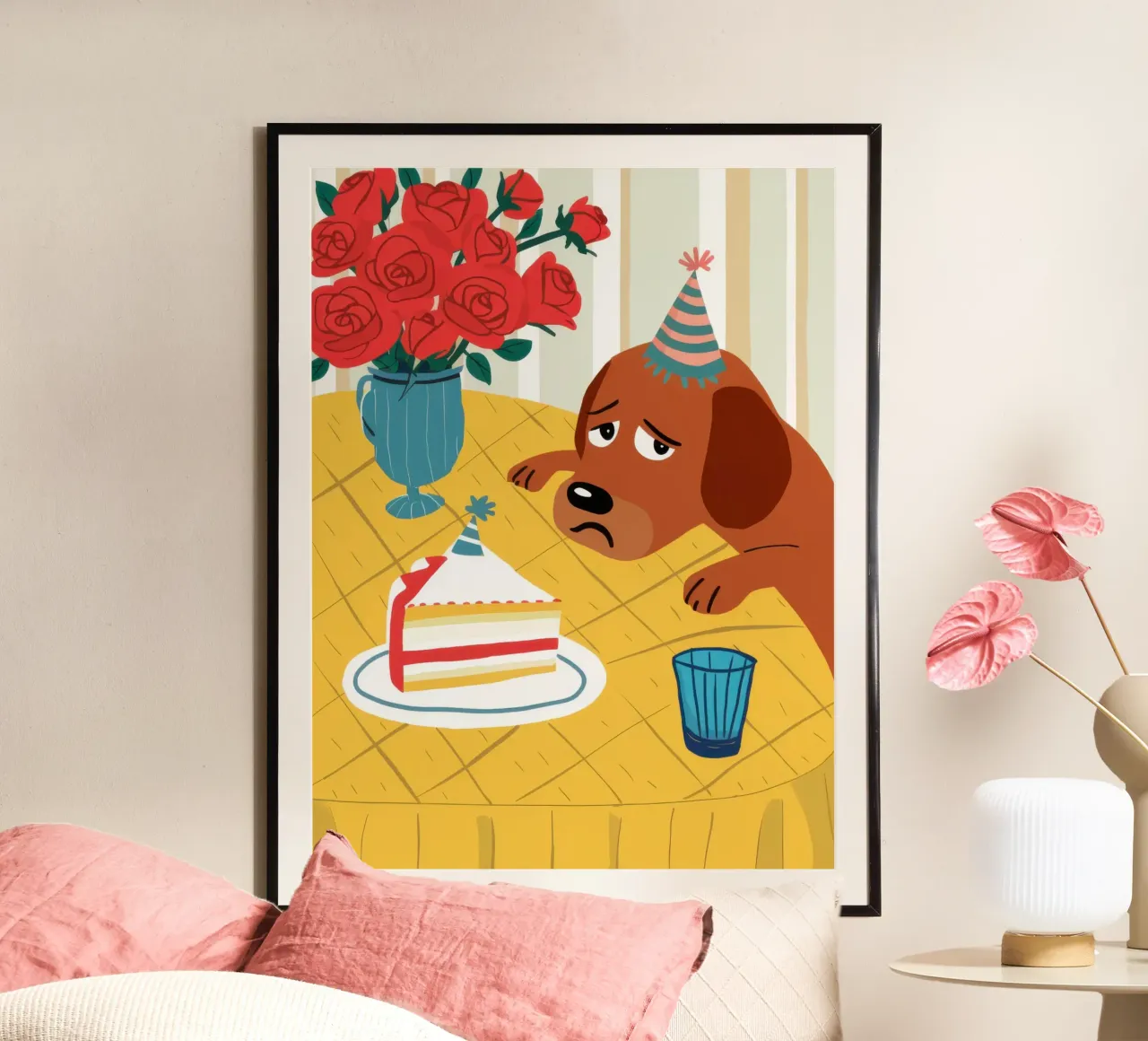 Cane triste di compleanno poster con telaio in alluminio da Lyra Glaze