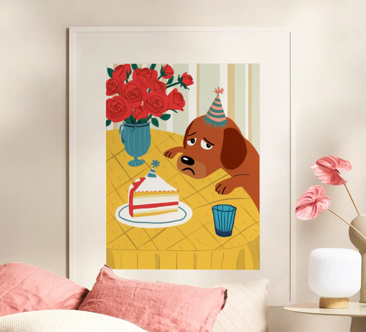 Cane triste di compleanno poster con telaio in alluminio da Lyra Glaze