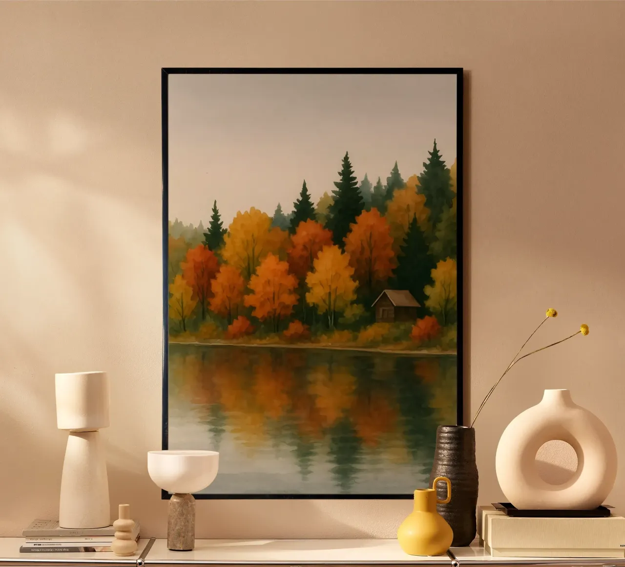 Capanna al lago d'autunno poster con telaio in alluminio da Sea of Calm