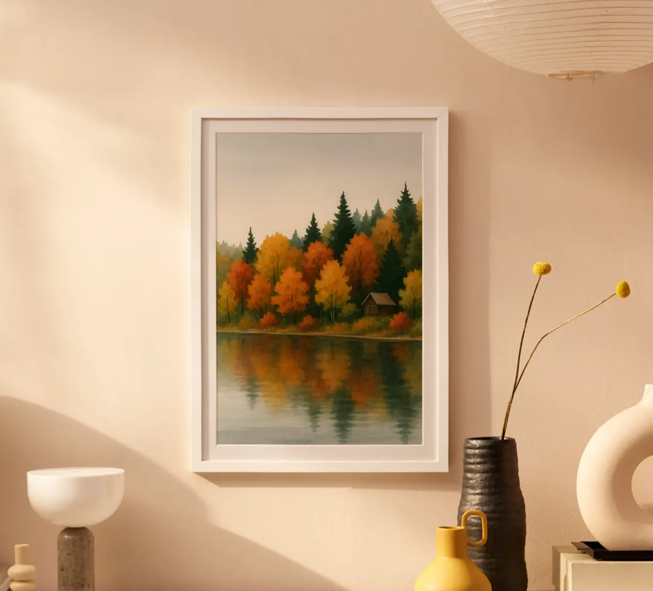 Capanna al lago d'autunno poster con telaio in alluminio da Sea of Calm
