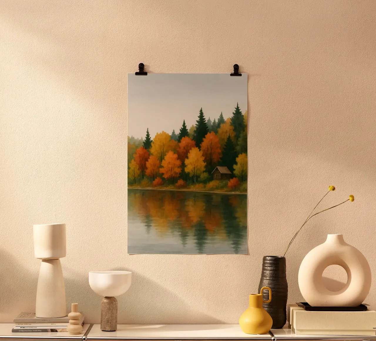 Capanna al lago d'autunno poster con telaio in alluminio da Sea of Calm