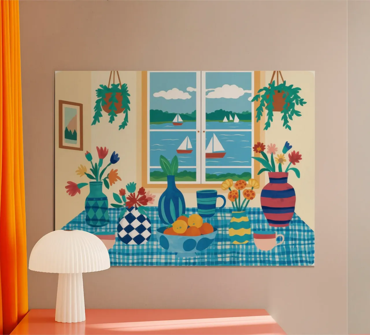 Pranzo a scacchi in riva al mare poster con telaio in plastica da Bruce Juice