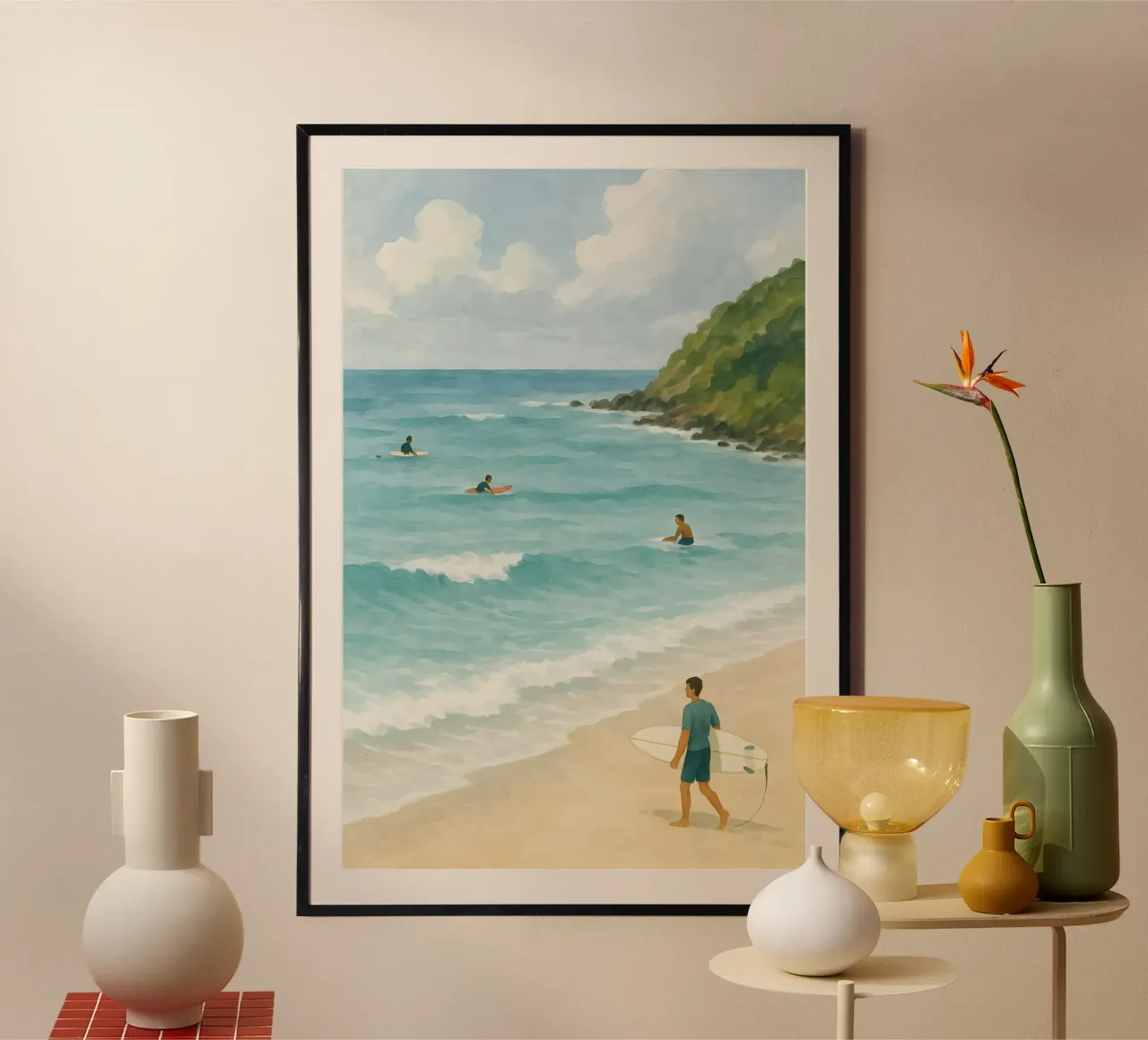 Vista sui surfisti poster con telaio in alluminio da Sea of Calm