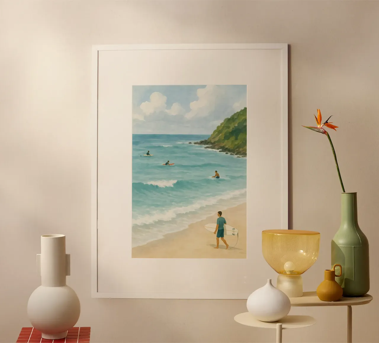 Vista sui surfisti poster con telaio in alluminio da Sea of Calm