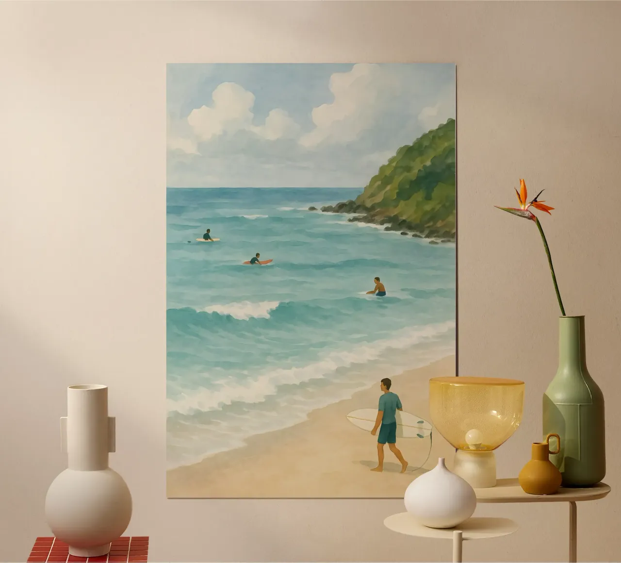 Vista sui surfisti poster con telaio in alluminio da Sea of Calm