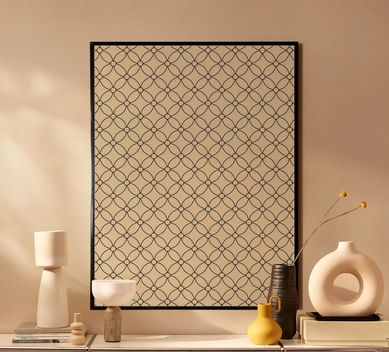 Minimal Geometric Simple Flowers Pattern | Black on Beige poster with plastic frame by Beauty in Simplicity
