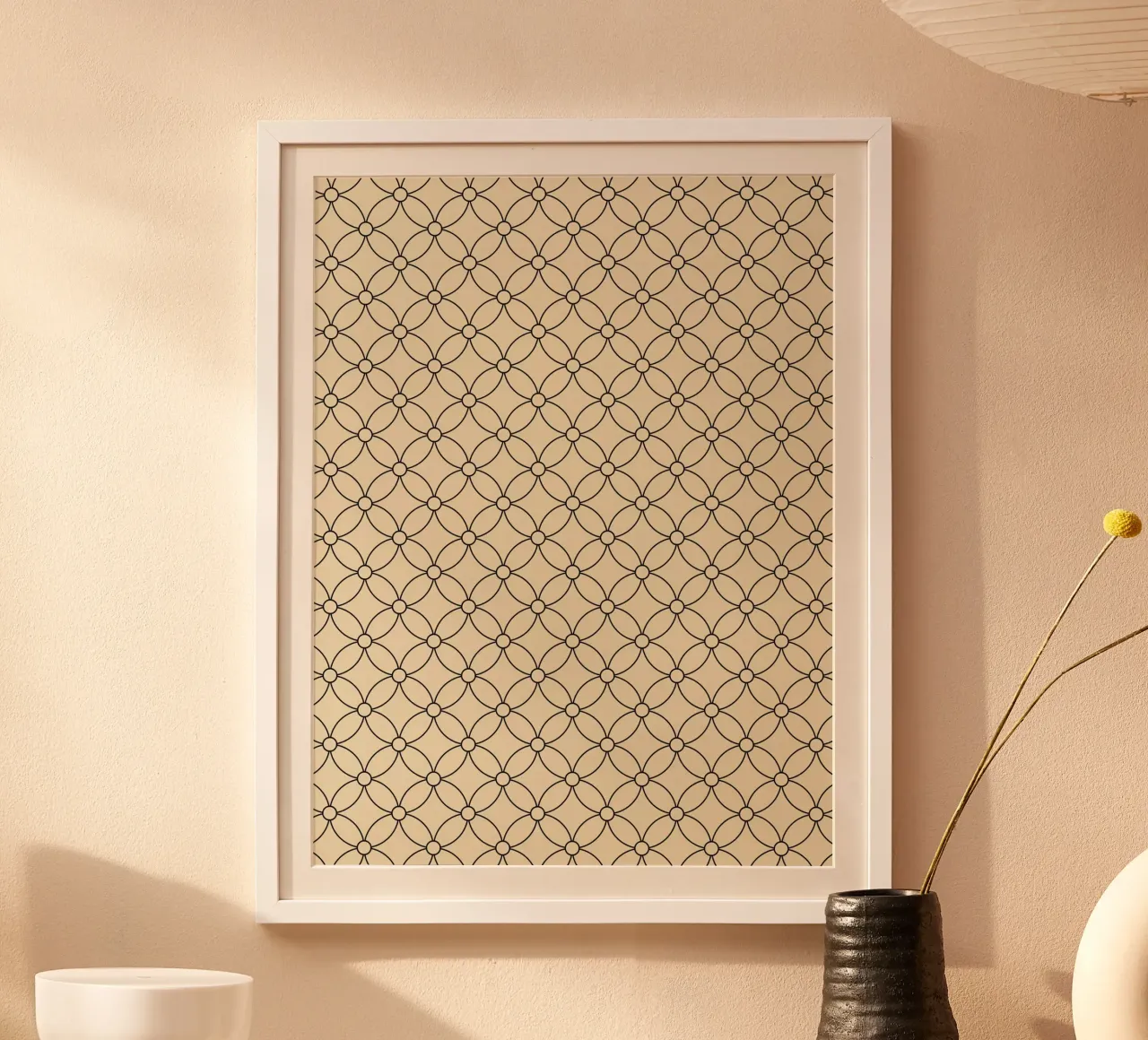 Minimal Geometric Simple Flowers Pattern | Black on Beige poster with plastic frame by Beauty in Simplicity