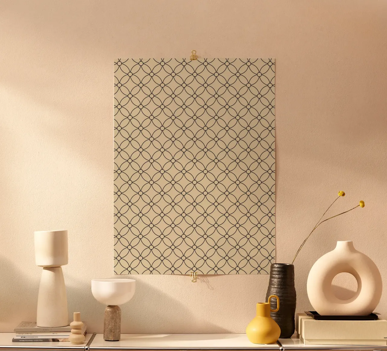 Minimal Geometric Simple Flowers Pattern | Black on Beige poster with plastic frame by Beauty in Simplicity