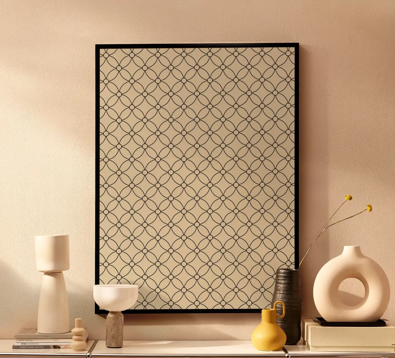 Minimal Geometric Simple Flowers Pattern | Black on Beige poster with plastic frame by Beauty in Simplicity
