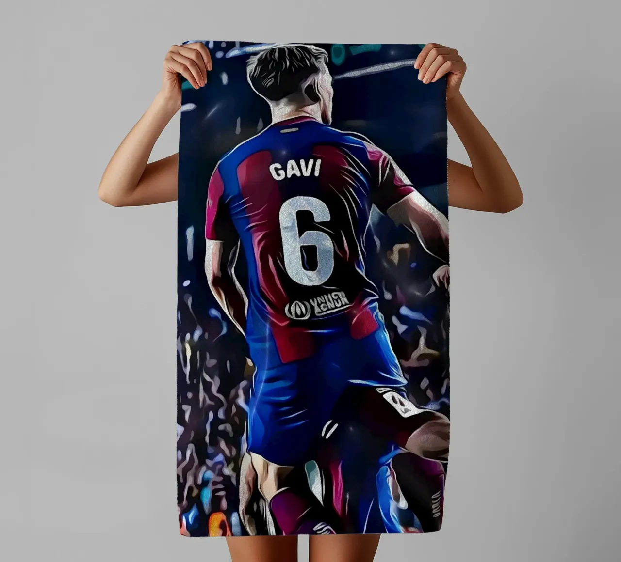 Gavi festeggia con un compagno di squadra del Barcellona asciugamano da bagno da dark eagle