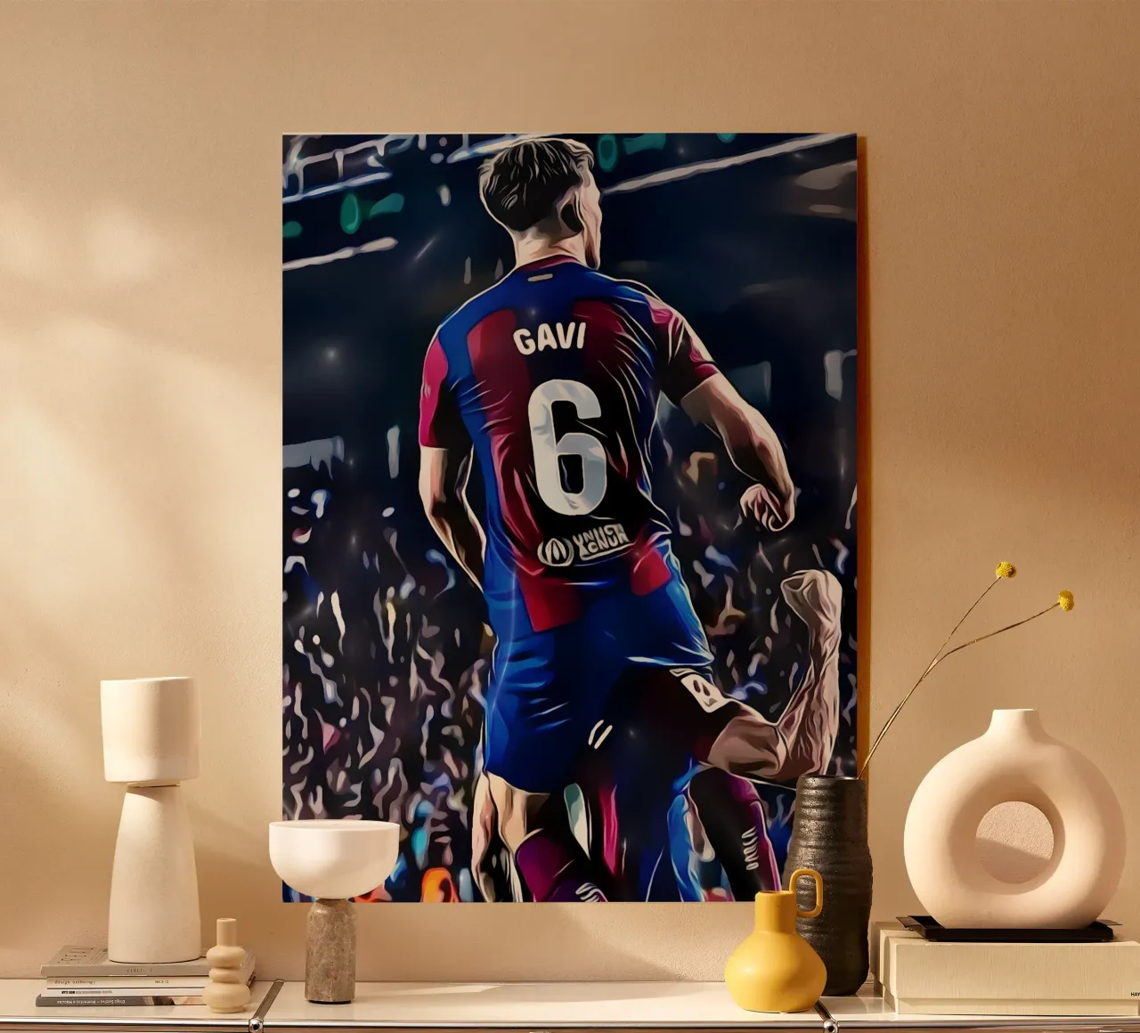 Gavi festeggia con un compagno di squadra del Barcellona plexiglass da dark eagle