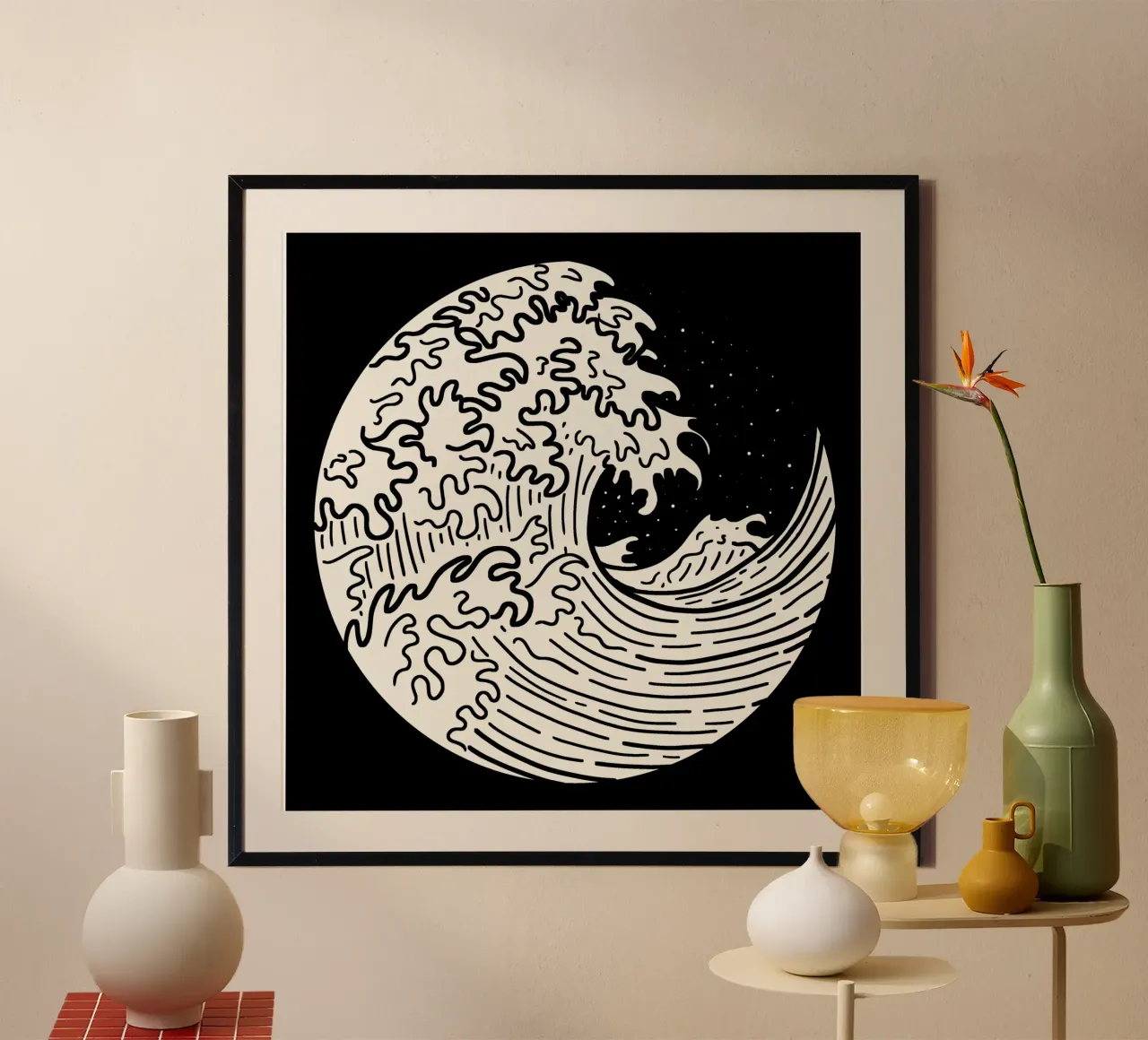 The Great Wave Black and white poster con telaio in legno da TijanaArtStudio88