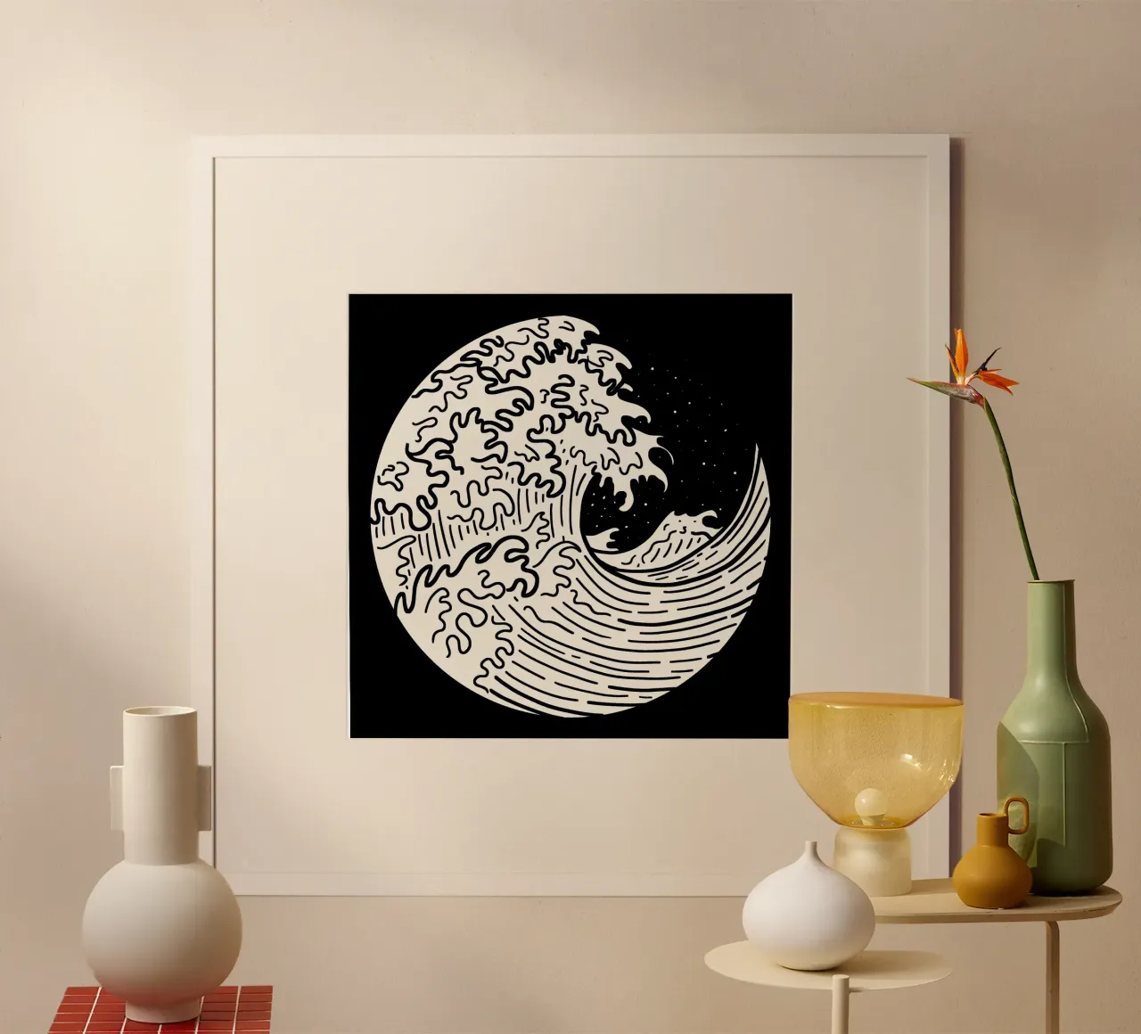 The Great Wave Black and white poster con telaio in legno da TijanaArtStudio88