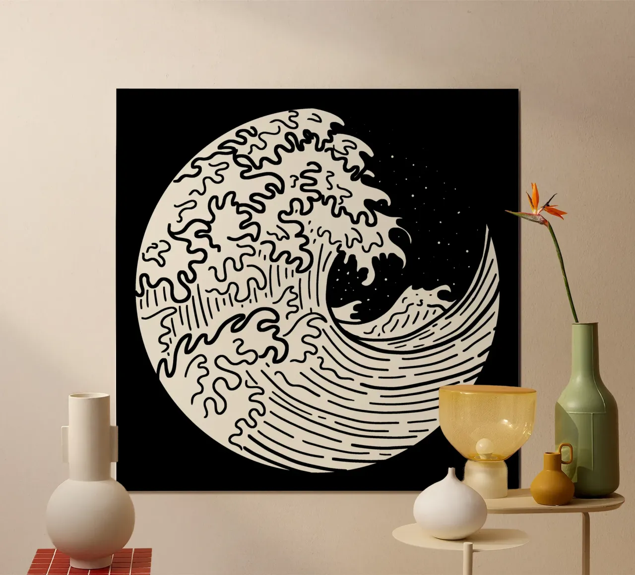 The Great Wave Black and white poster con telaio in legno da TijanaArtStudio88