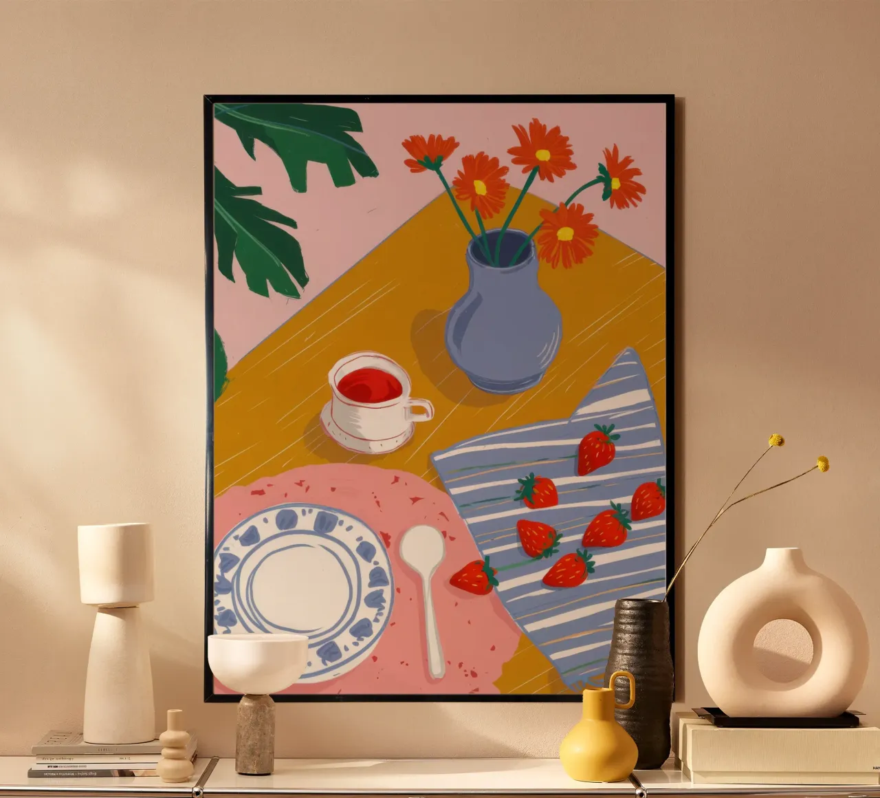 Tè alla fragola Stillness poster con telaio in alluminio da Bruce Juice