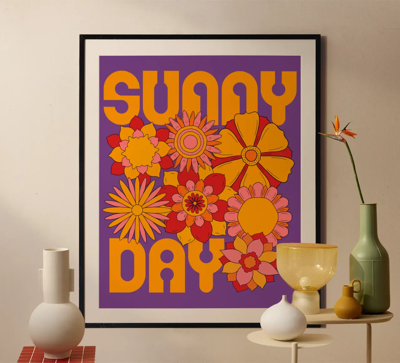 Sunny day Retro flower power poster con telaio in alluminio da TijanaArtStudio88