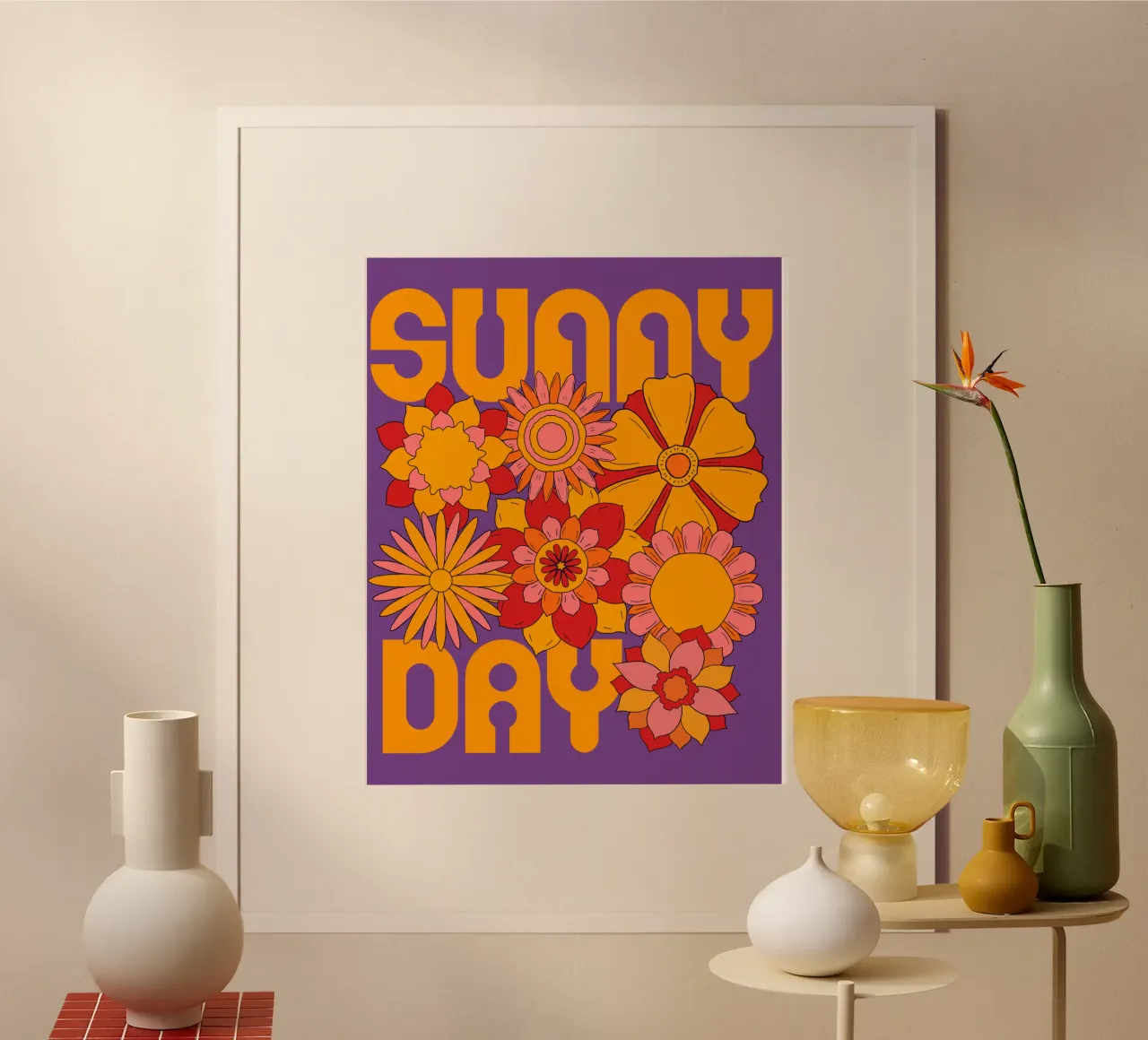 Sunny day Retro flower power poster con telaio in alluminio da TijanaArtStudio88