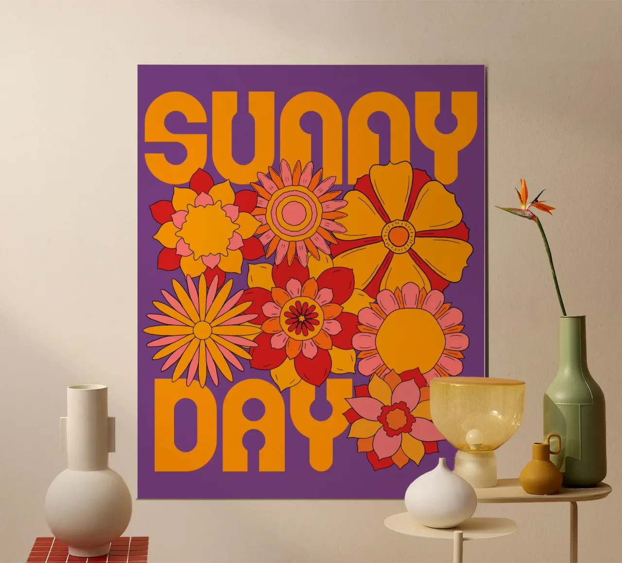 Sunny day Retro flower power poster con telaio in alluminio da TijanaArtStudio88