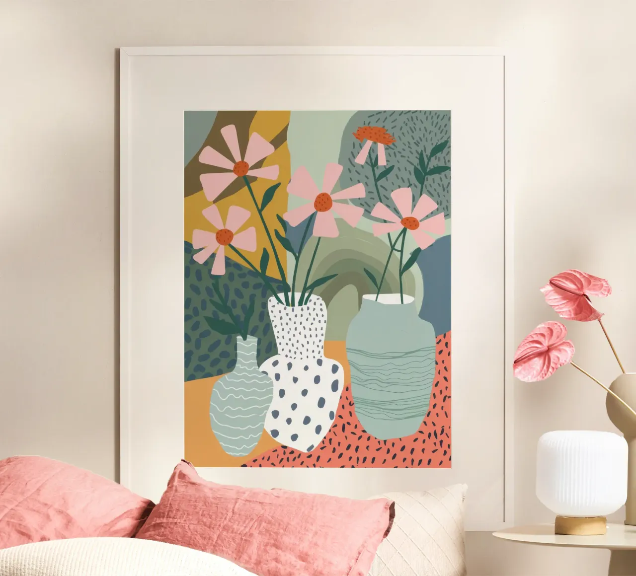 Bouquet di vasi a pois poster con telaio in alluminio da Bruce Juice