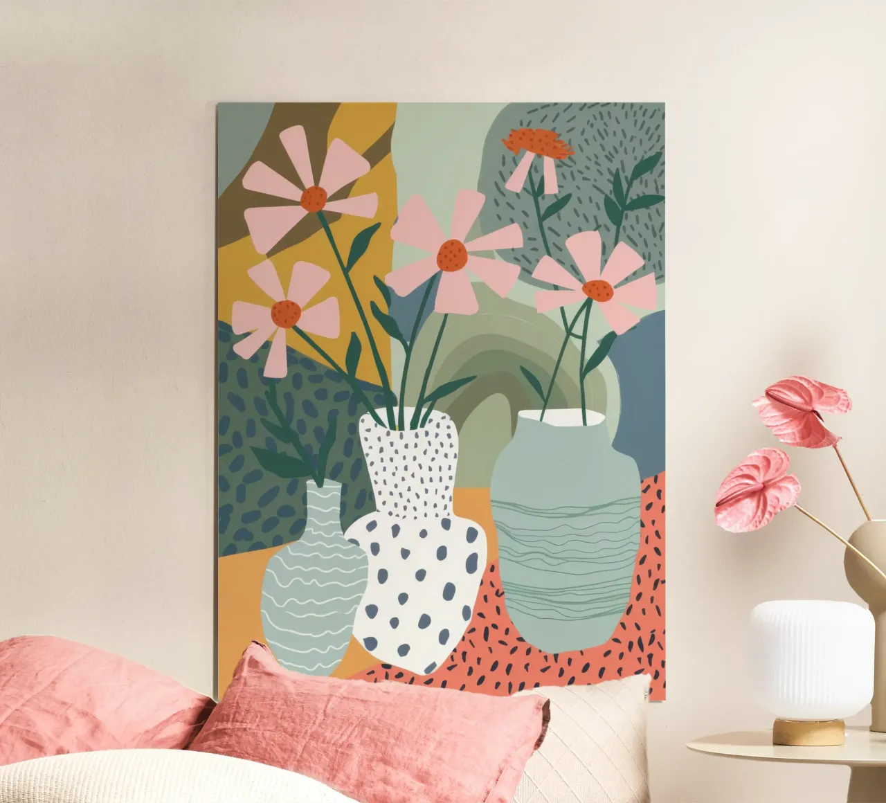 Bouquet di vasi a pois poster con telaio in alluminio da Bruce Juice
