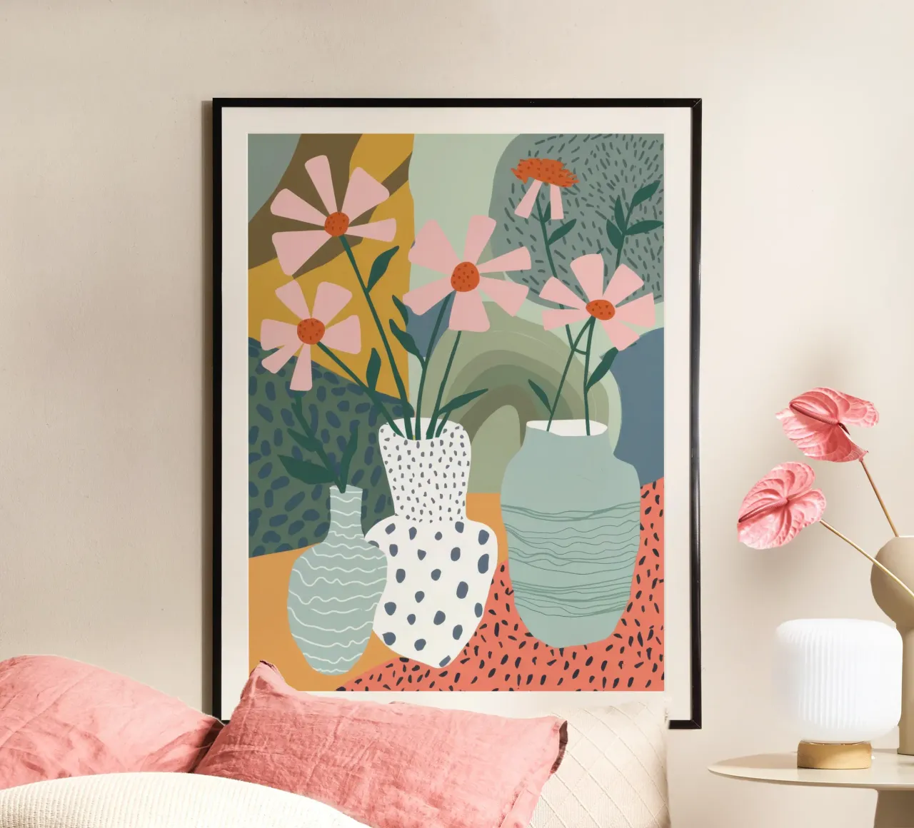Bouquet di vasi a pois poster con telaio in alluminio da Bruce Juice