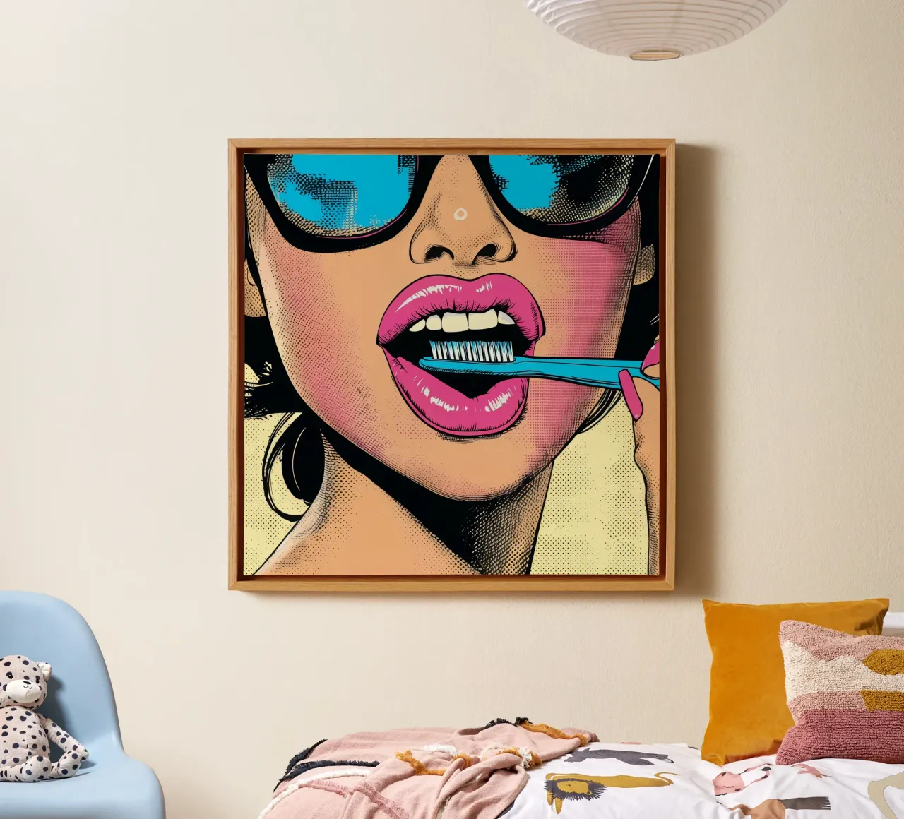 "Dental Pop" - Moderne grafische kunstdruk | Vrouw met tandenborstel canvas met Baklijst van Synthaira