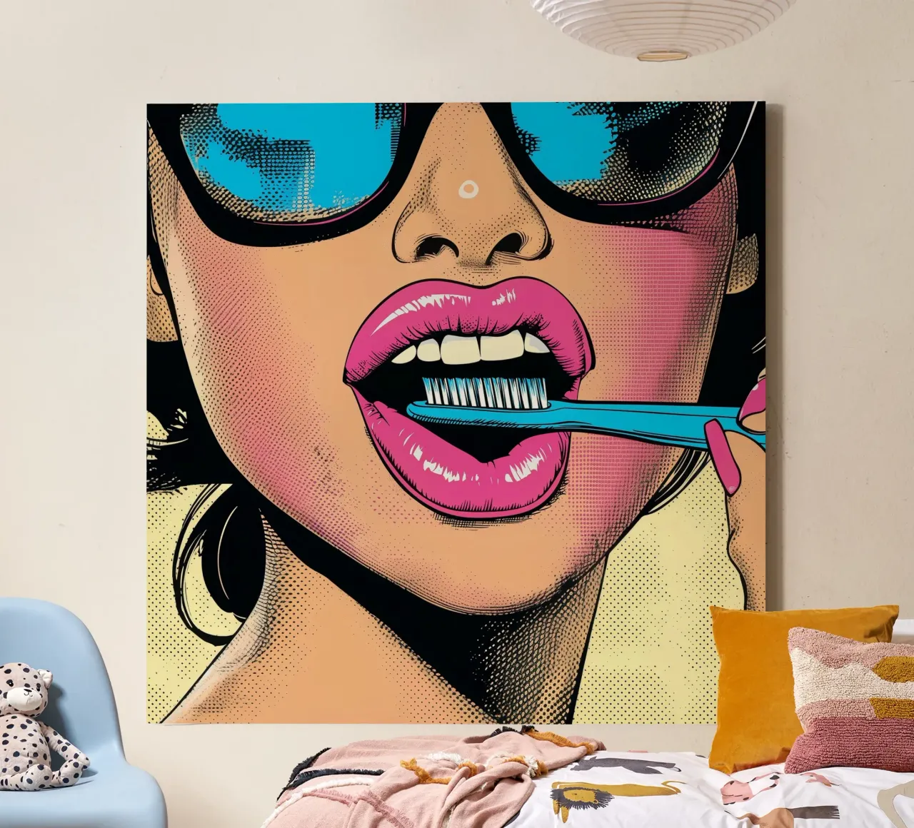 "Dental Pop" - Moderne grafische kunstdruk | Vrouw met tandenborstel canvas met Baklijst van Synthaira
