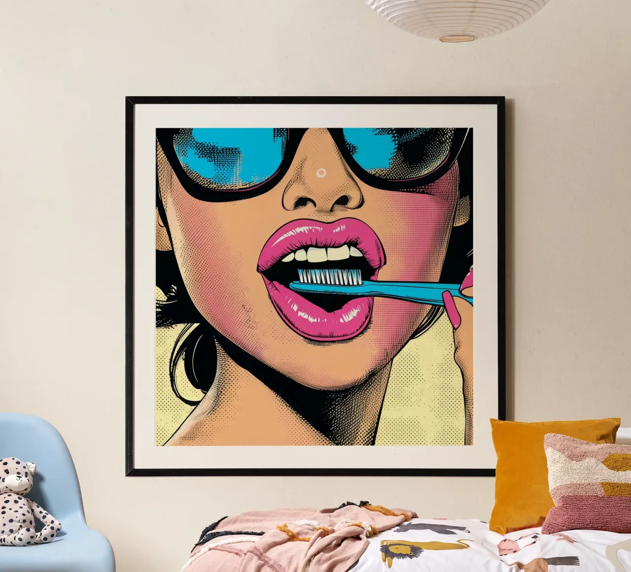 "Dental Pop" - Modern Graphic Art Print | Mujer con cepillo de dientes poster de Synthaira