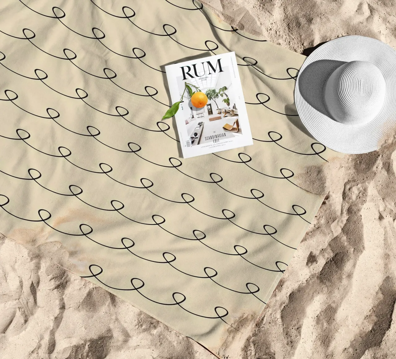 Minimal Geometric Looping Lines Drawing 2 | Black on Beige beach towel by Beauty in Simplicity