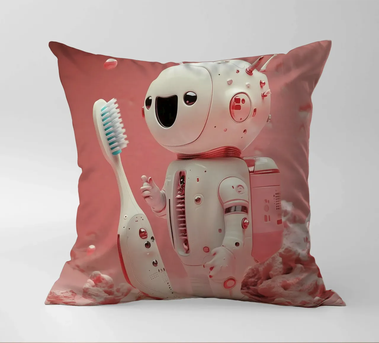 "Cosmic Clean" - Stampa d'arte di un simpatico robot astronauta cuscino da Synthaira