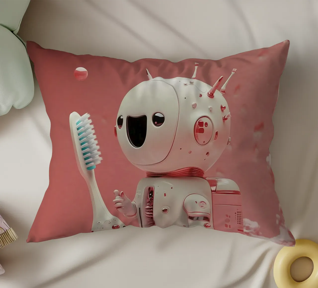 "Cosmic Clean" - Stampa d'arte di un simpatico robot astronauta cuscino da Synthaira