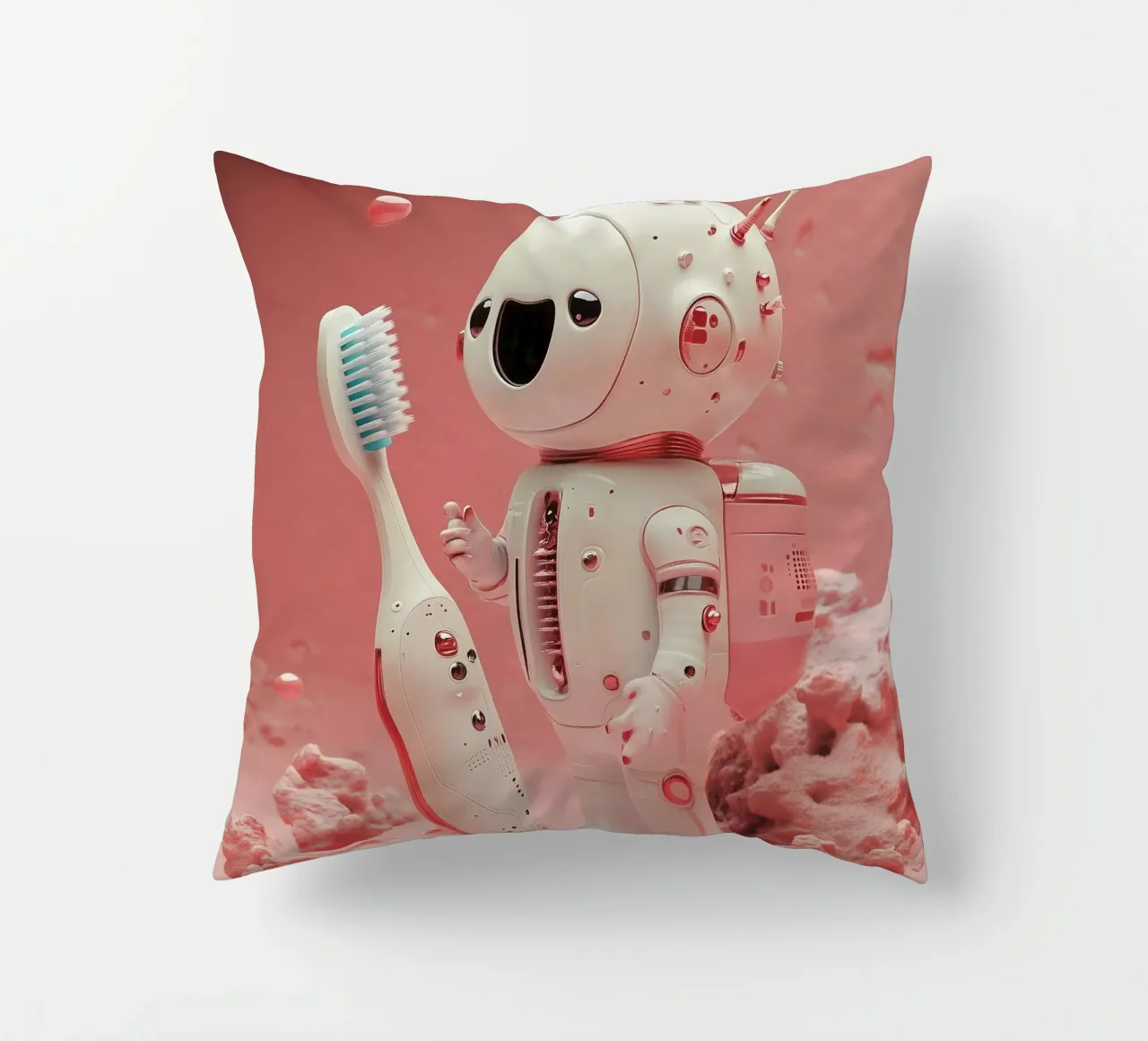"Cosmic Clean" - Stampa d'arte di un simpatico robot astronauta cuscino da Synthaira