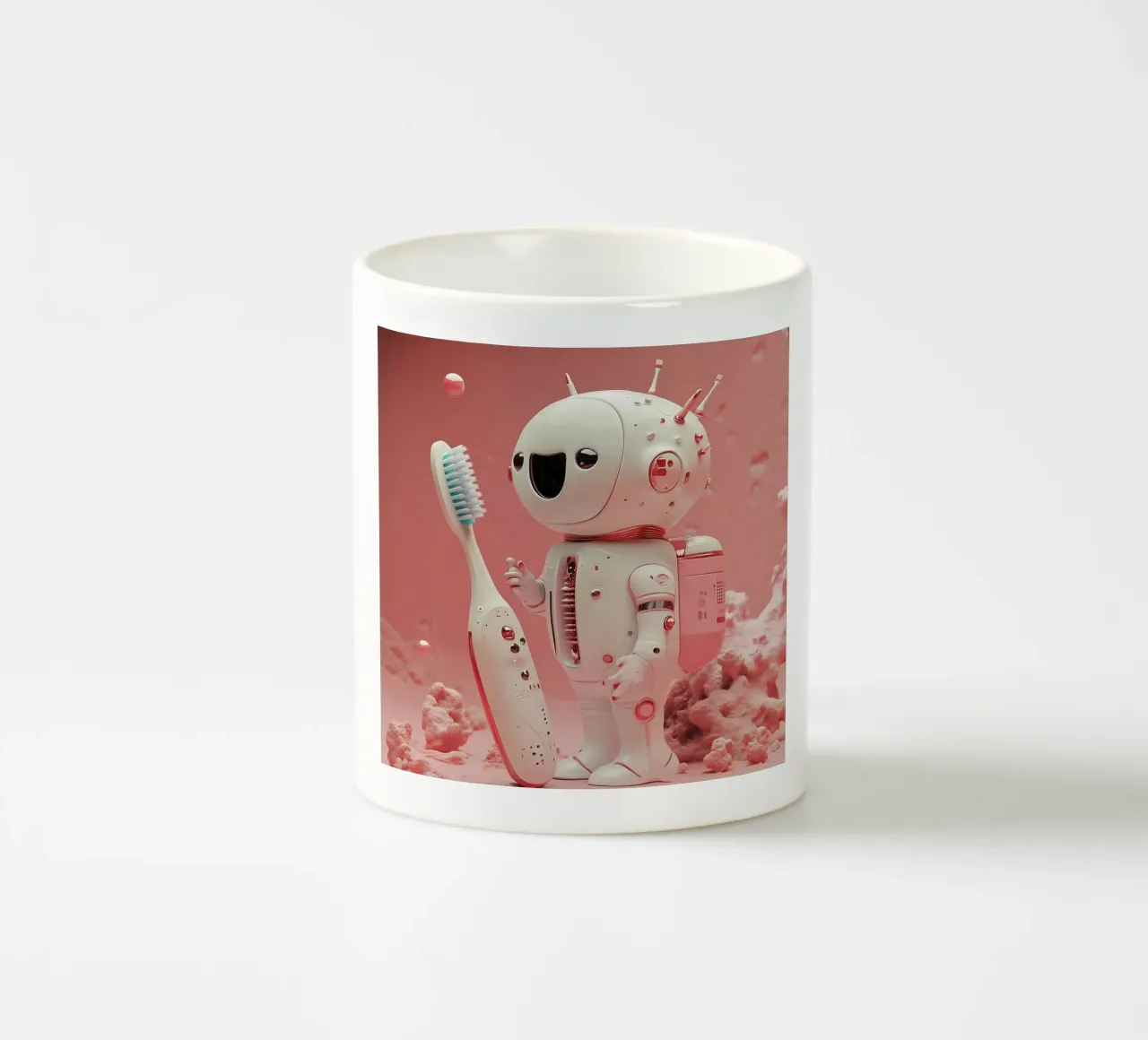"Cosmic Clean" - Stampa d'arte di un simpatico robot astronauta tazza in ceramica da Synthaira