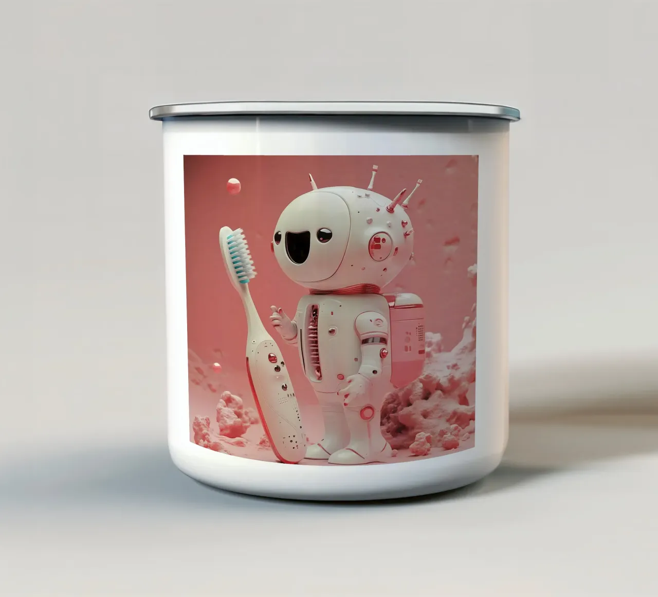 "Cosmic Clean" - Stampa d'arte di un simpatico robot astronauta tazza in smalto da Synthaira