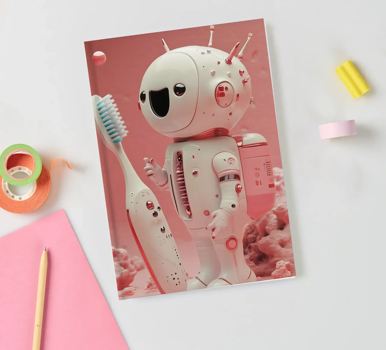 "Cosmic Clean" - Cute Robot Astronaut Art Print notebook by Synthaira