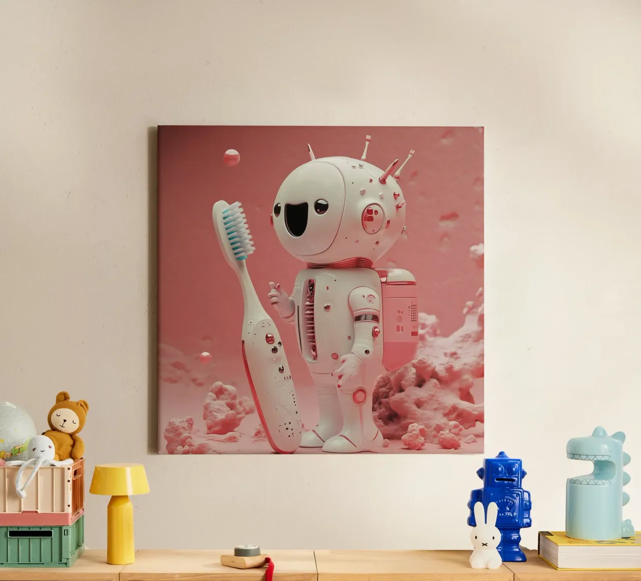 "Cosmic Clean" - Stampa d'arte di un simpatico robot astronauta tela con Cornice a cassetta da Synthaira