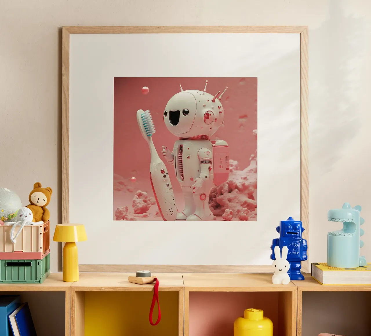 "Cosmic Clean" - Stampa d'arte di un simpatico robot astronauta poster con telaio in plastica da Synthaira
