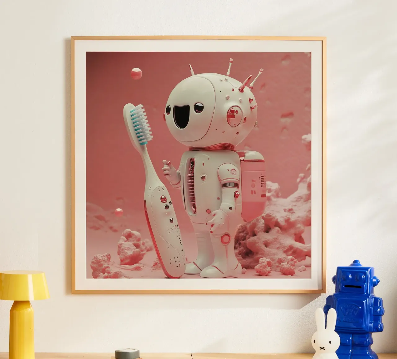 "Cosmic Clean" - Stampa d'arte di un simpatico robot astronauta poster con telaio in plastica da Synthaira