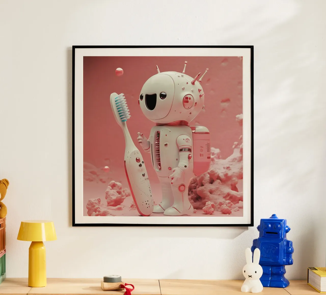 "Cosmic Clean" - Stampa d'arte di un simpatico robot astronauta poster con telaio in plastica da Synthaira