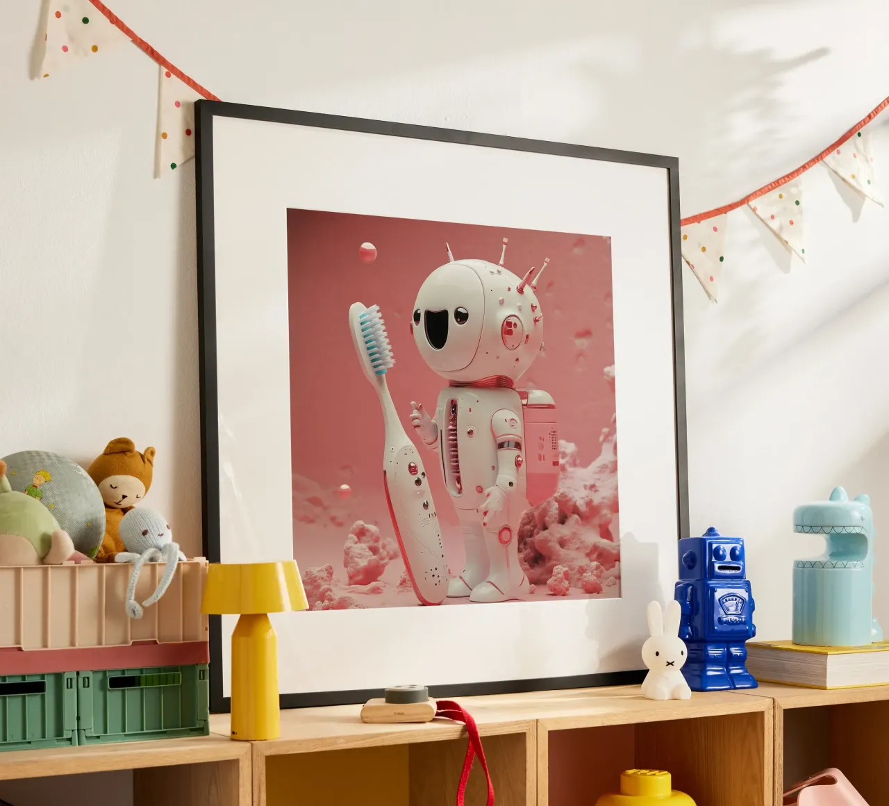 "Cosmic Clean" - Stampa d'arte di un simpatico robot astronauta poster con telaio in plastica da Synthaira